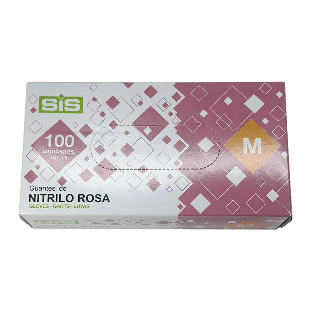 Guantes de nitrilo rosas sin polvo. Talla S. Caja de 100