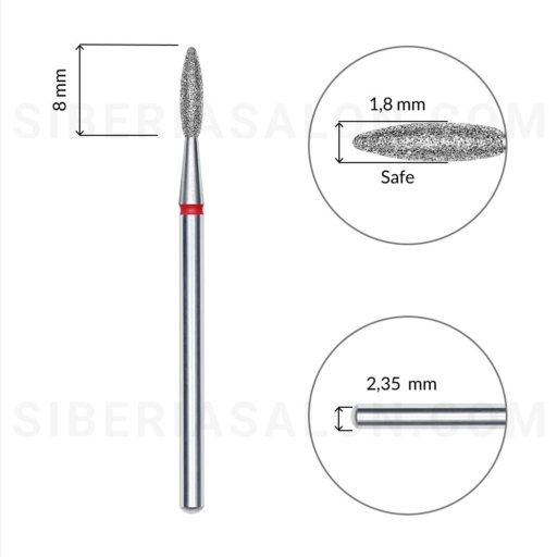 Diamond bit flame safe red, L 8,0 mm., 1,8 mm