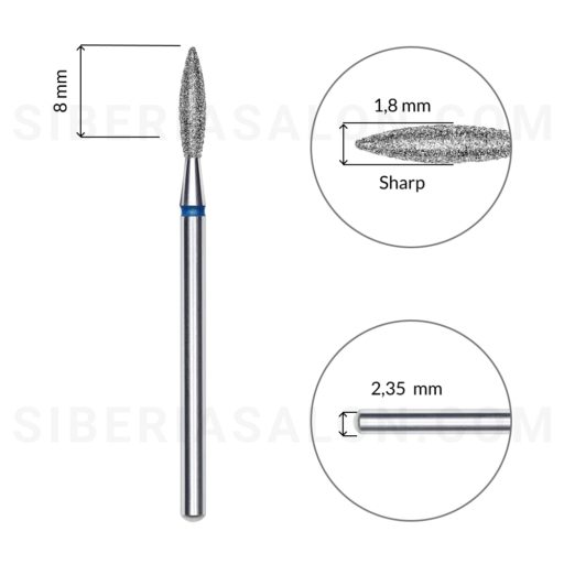 Diamond bit flame sharp blue, L 8,0 mm., 1,8 mm