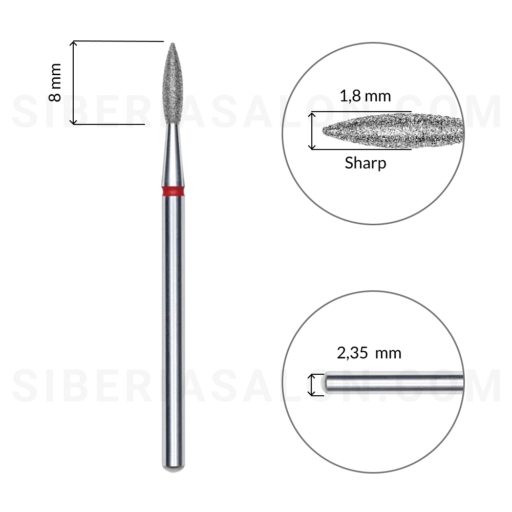 Diamond bit flame sharp red, L 8,0 mm., 1.8 mm